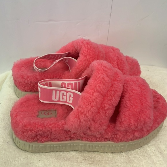 UGG Slippers Womens Size 9 Coral Pink Fluffita Fur Yeah Logo Slingback Sandals - Picture 2 of 4